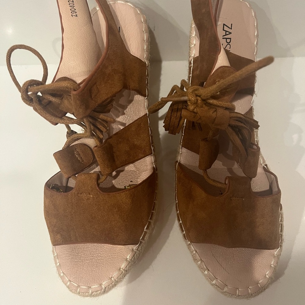 Zapshop Brown Suede Lace Up Wedge Sandals Size 9.5 US 40 EU